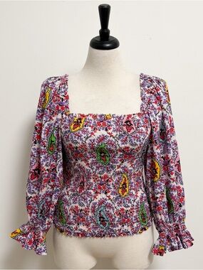 Rhode Alicia Paisley Floral Long Puff Sleeve Square Neck Smocked Cotton Top M